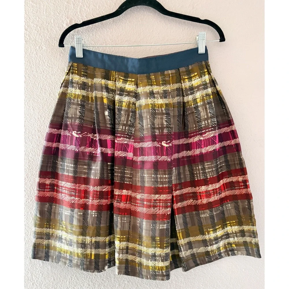 Y2K Trina Turk Silk Plaid Pleated Skirt Multi Color Preppy Academia Size 6 - Picture 1 of 4